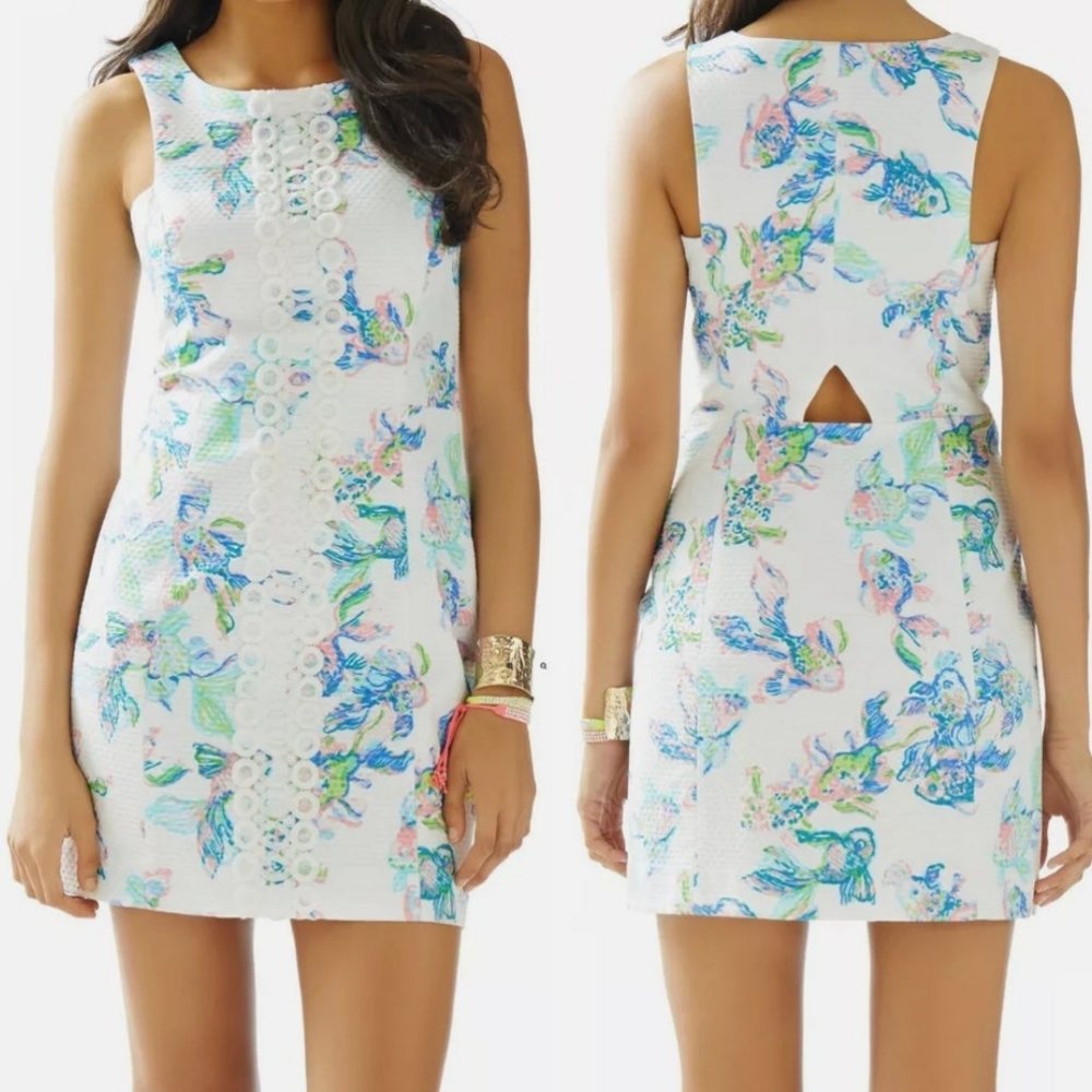 Lilly Pulitzer Coastal Kiss Cecily Fish Print Shift Dress Resort White size 4